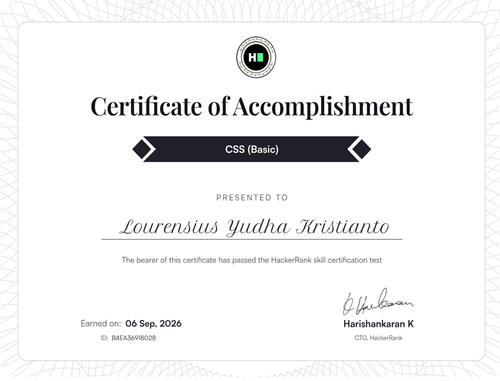 HackerRank CSS Basic certificate awarded to Lourensius Yudha Kristianto