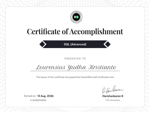 HackerRank SQL Advanced certificate awarded to Lourensius Yudha Kristianto