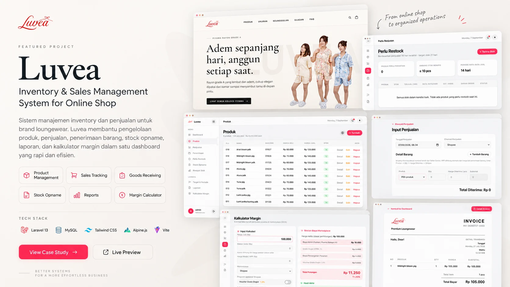 Luvea inventory and order management system banner showing the public website and inventory, sales, margin, and invoice workflows