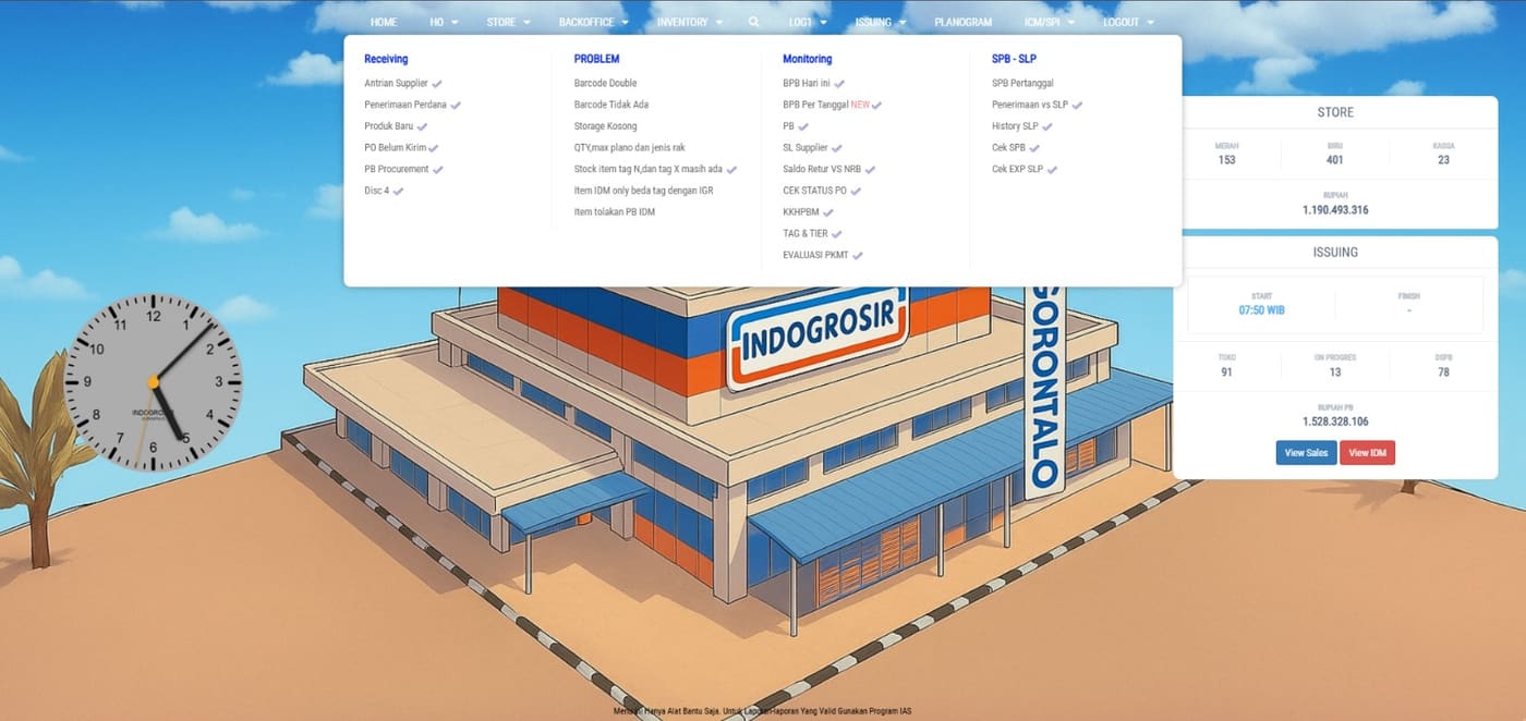 Inventory and receiving mega-menu on the retail operations platform