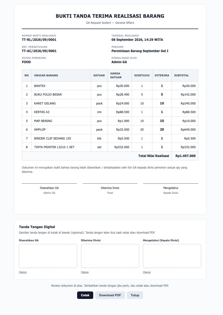 Digital proof of inventory realization