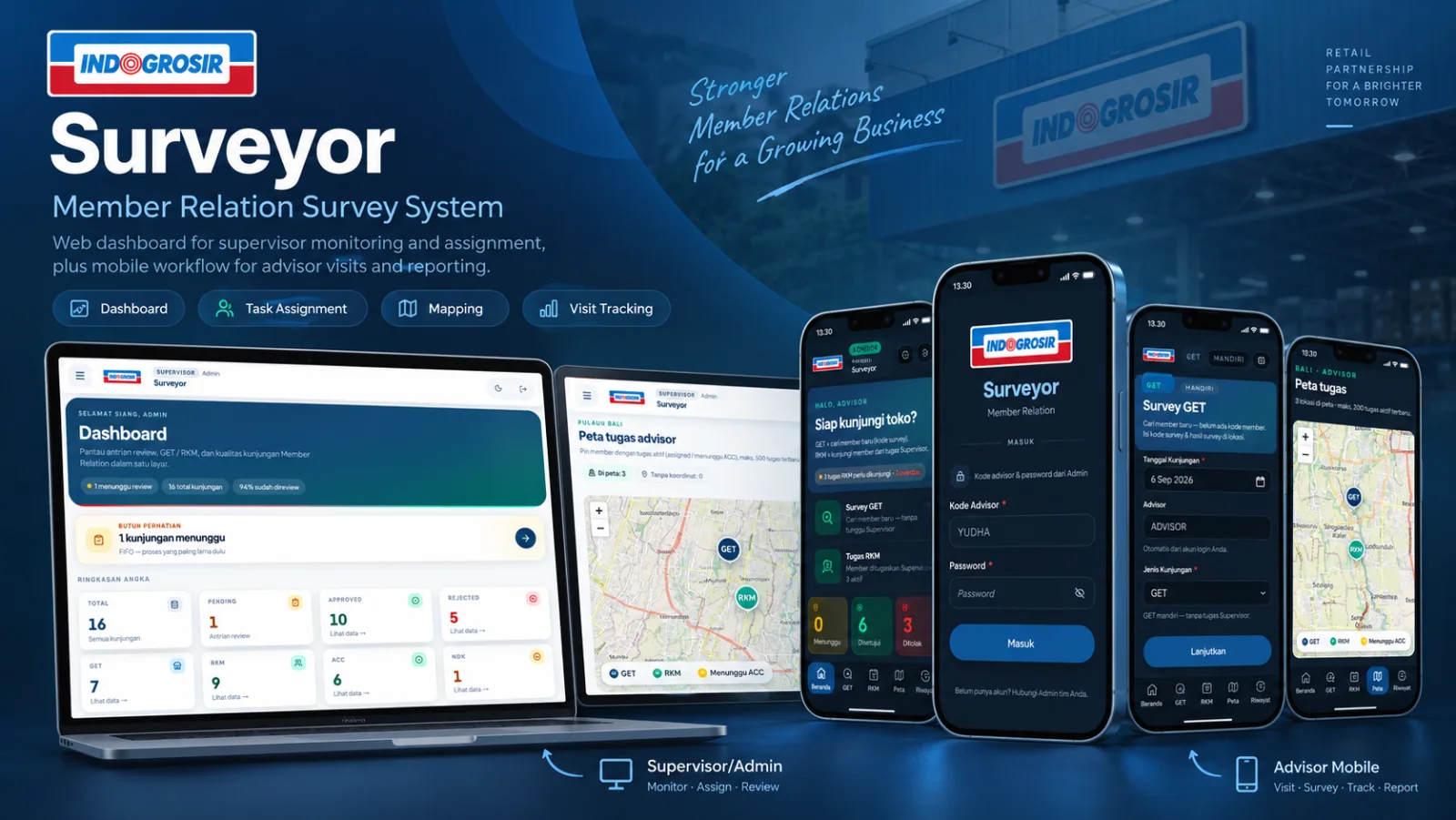 Surveyor member relation system banner showing supervisor dashboards and advisor mobile workflows